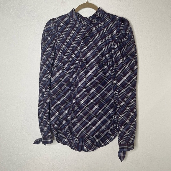 Veronica Beard Isabel Reversed Plaid Long Sleeve Top Size 6 Mock Neck Buttoned - Picture 1 of 14